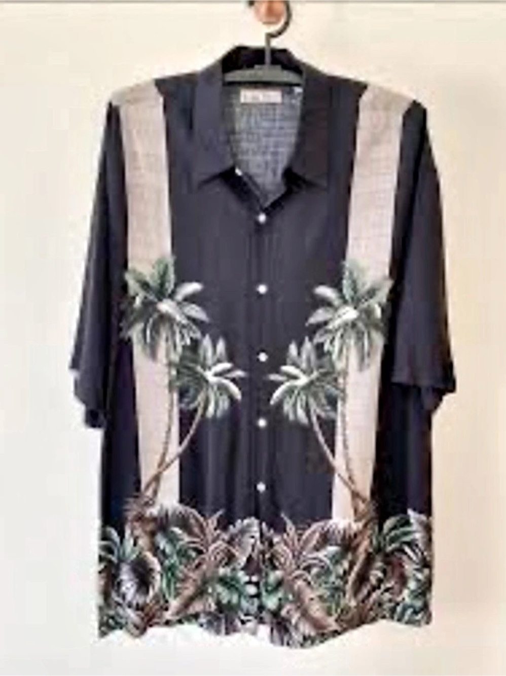 Men's Black & Green Palm Print Button Down tropical shirt xl